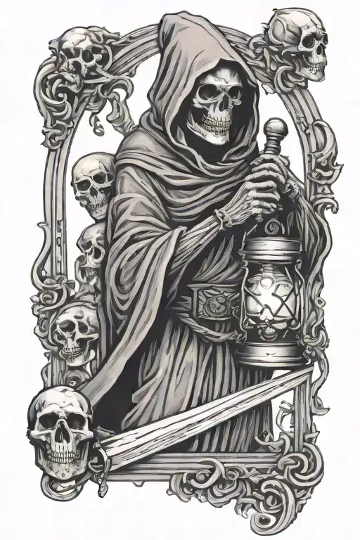 grim reaper holding hour glass with skulls memento mori  tattoo design idea
