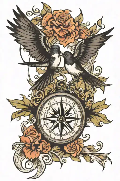 Compass two swallows flying tattoo design idea