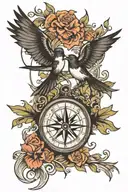 Compass two swallows flying tattoo design idea