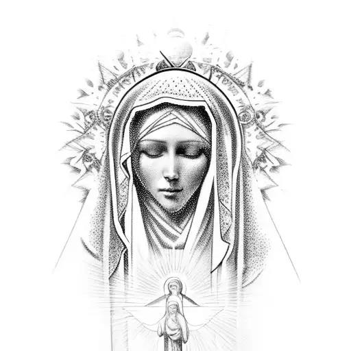 Futuristic, virgin mary with baby jesus tattoo design idea