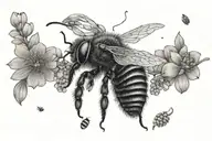 a black and gray feminine fine line tattoo with honeycomb shaded and small beautiful bees tattoo design idea