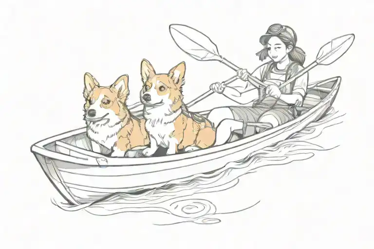 girl holding corgi in a kayak tattoo design idea