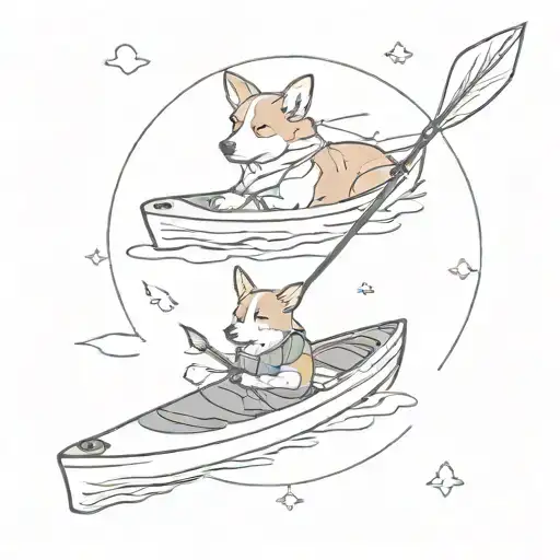 kayak with corgi and girl and fishing rod tattoo design idea