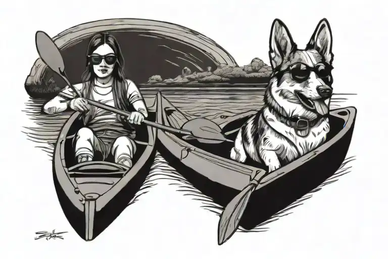 lady and her corgi in a kayak paddle and wearing sunglasses tattoo design idea