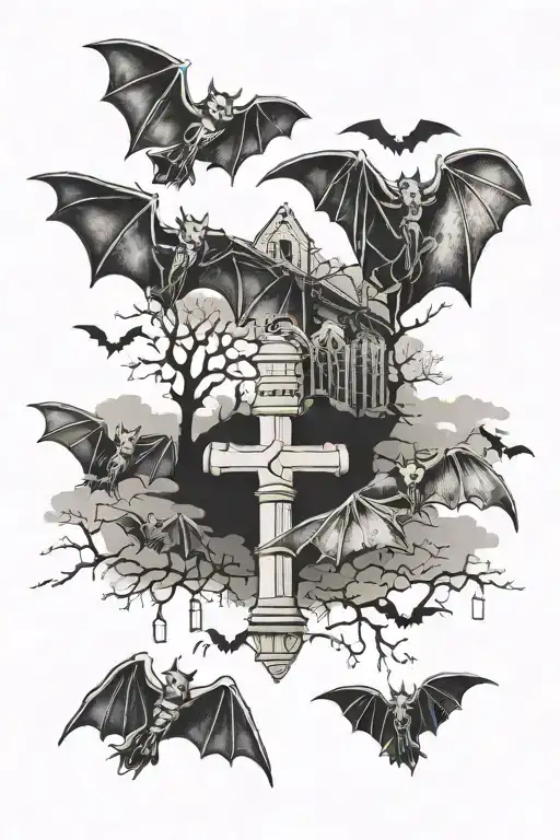 graveyard bats flying tattoo design idea