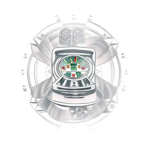 A tattoo design of a lucky slot machine with three reels displaying the number 7, with a red lever on the right and flam tattoo design idea