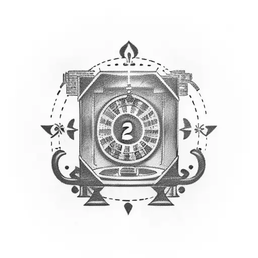 A tattoo design of a lucky slot machine with three reels displaying the number 7, with a red lever on the right and flam tattoo design idea