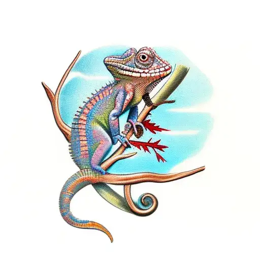 Chameleon climbing a branch tattoo design idea