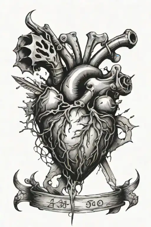 Tattoo of a heart pierced with knives in the style of realism. It will be located in the center of the man’s chest tattoo design idea