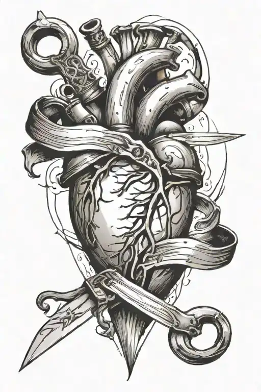 Tattoo of a heart pierced with knives in the style of realism. It will be located in the center of the man’s chest tattoo design idea