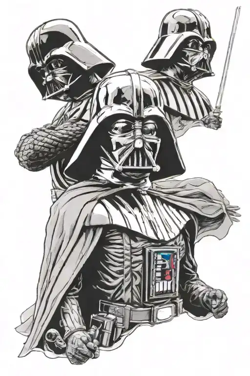 darth vader and Luke skywalker standing together with vaders arm around Luke's shoulder as they gaze into the distance tattoo design idea