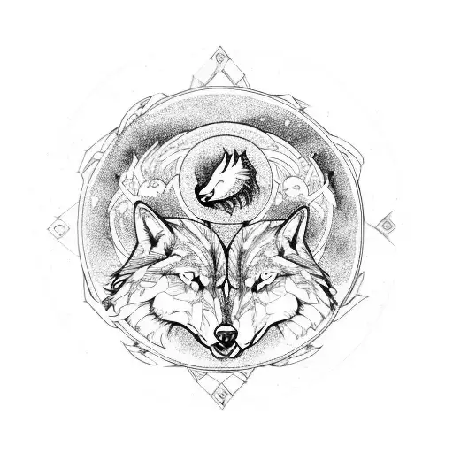 yggdrasil with two wolves and two flying ravens tattoo design idea