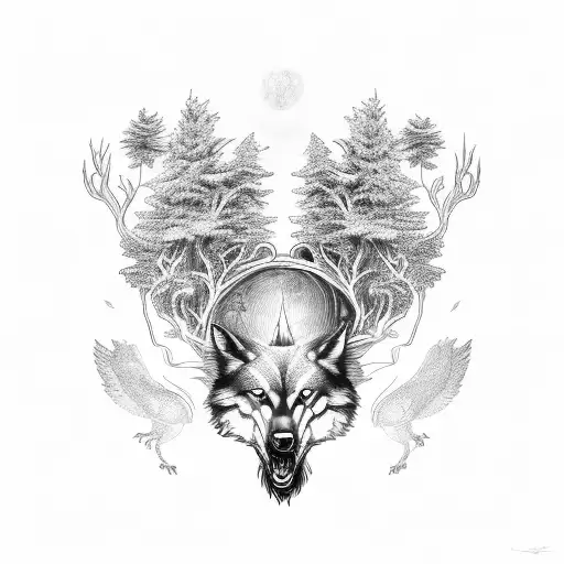 yggdrasil with two wolves and two flying ravens tattoo design idea