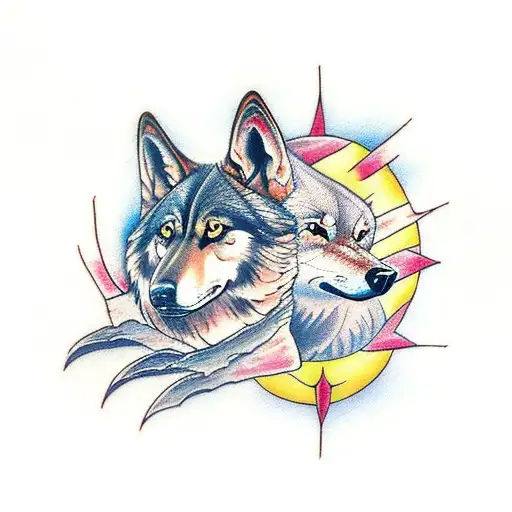 tree with two wolves and two flying ravens tattoo design idea