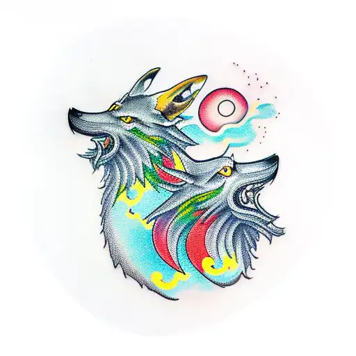 Two wolves yggdrasil  two flying ravens tattoo design idea