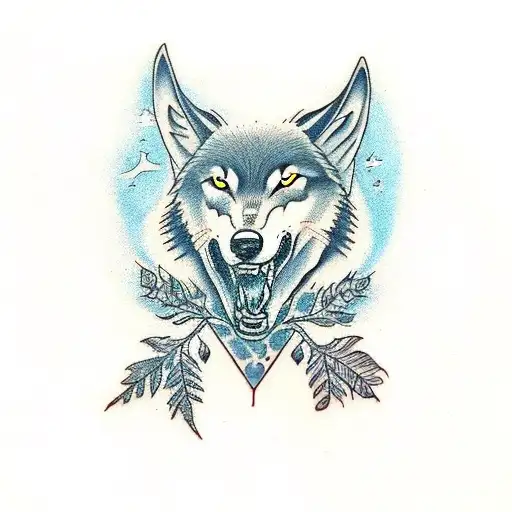 Two wolves the tree yggdrasil and two flying ravens tattoo design idea