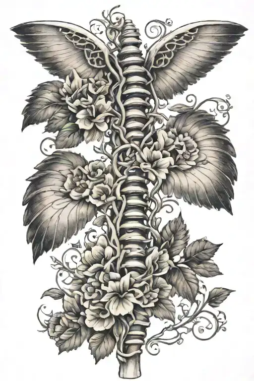 realistic scoliosis spine tattoo with flowers and vines and bone wings tattoo design idea