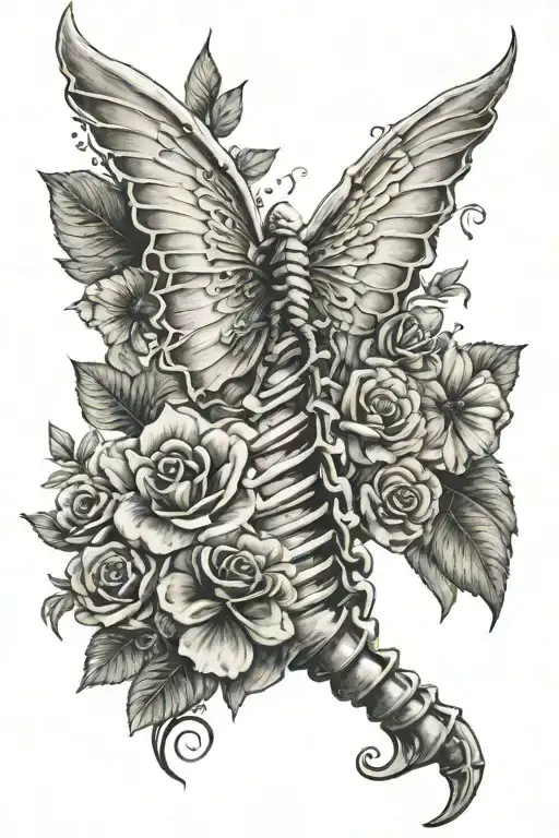 realistic scoliosis spine tattoo with flowers and bone wings  tattoo design idea