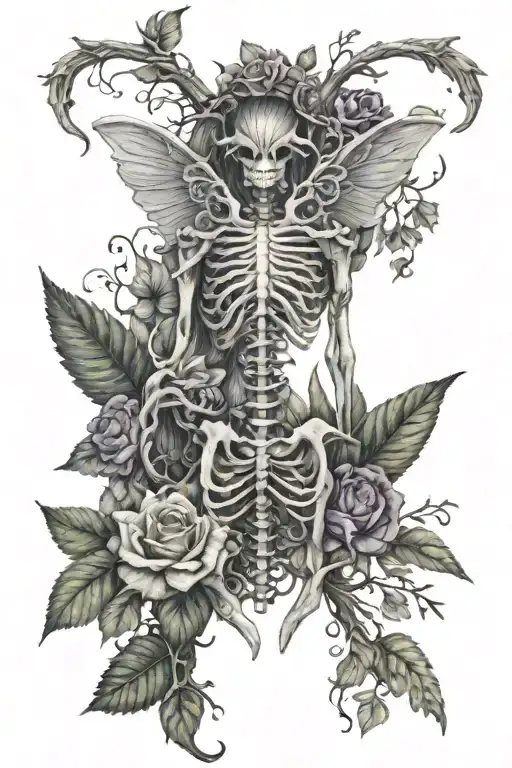 realistic curved spine scoliosis tattoo with skeleton wings gothic tattoo with vines and flowers  tattoo design idea