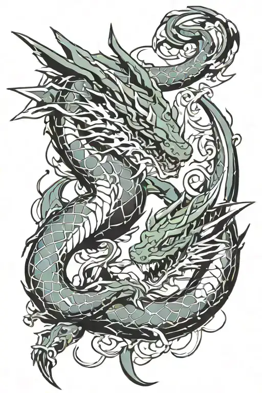 Rayquaza and gyarados fighting, black and white drawing tattoo design idea