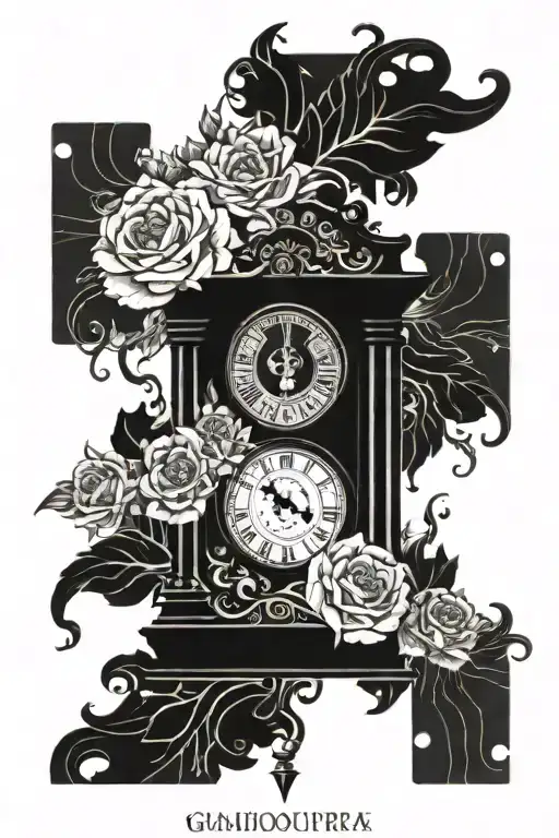 grandfather clock surrounded tattoo design idea