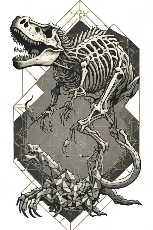 human skeleton riding a running T-Rex fossil embedded in a geometric tattoo design idea