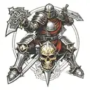 Design a neotraditional tattoo showcasing a fierce battle scene inspired by Berserk and featuring Skull Knight tattoo design idea