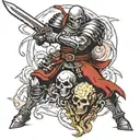 Design a neotraditional tattoo showcasing a fierce battle scene inspired by Berserk and featuring Skull Knight tattoo design idea
