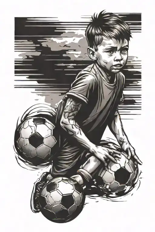 child holding soccer ball tattoo design idea