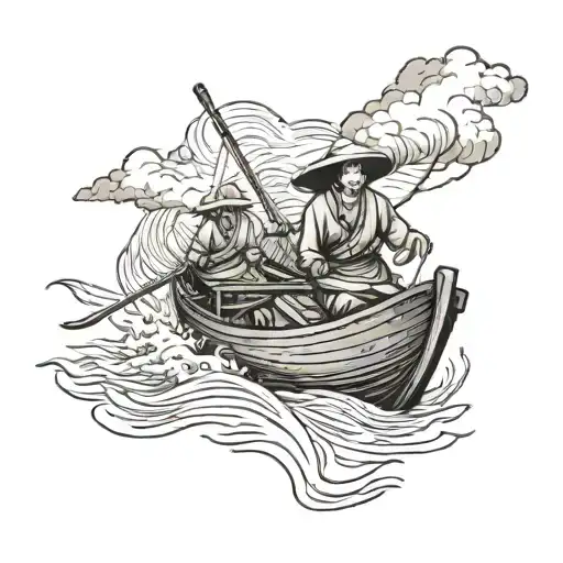 Vietnamese going down a river in a boat and a thunderstorm tattoo design idea