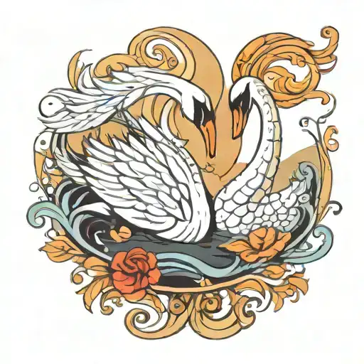 white swan and black swan swimming tattoo design idea