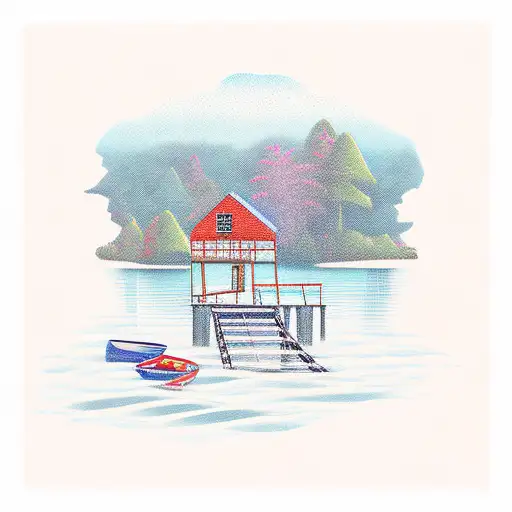 lake scene with dock and ladder tattoo design idea
