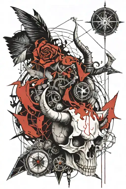 arrow, bull skull, treasure map, rope, hourglass, compass tattoo design idea