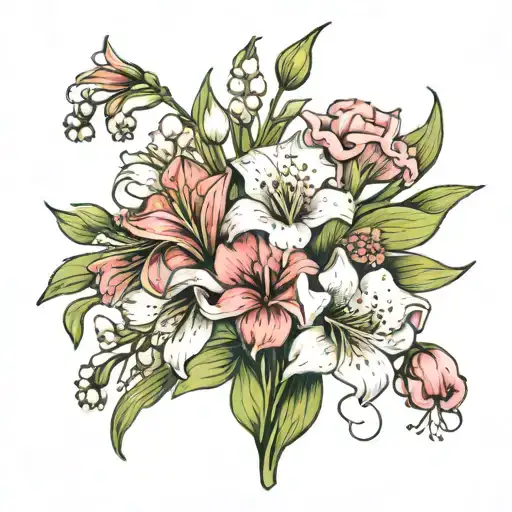 flower bouquet of Lilly of the valley, gladiolus, carnation, and poppy flowers  tattoo design idea