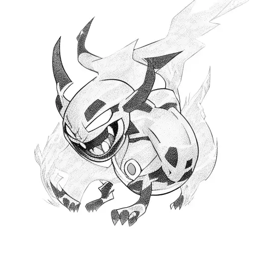 A fusion of Ben 10 and Pokemon characters in an epic battle scene tattoo design idea