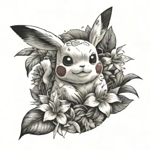 A realistic portrait of a Pikachu exploring a tropical flower garden tattoo design idea