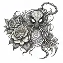 phantom troupe spider with the number 3 with carnation flowers and flames  tattoo design idea