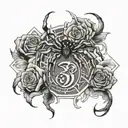 phantom troupe spider with the number 3 with carnation flowers and flames  tattoo design idea