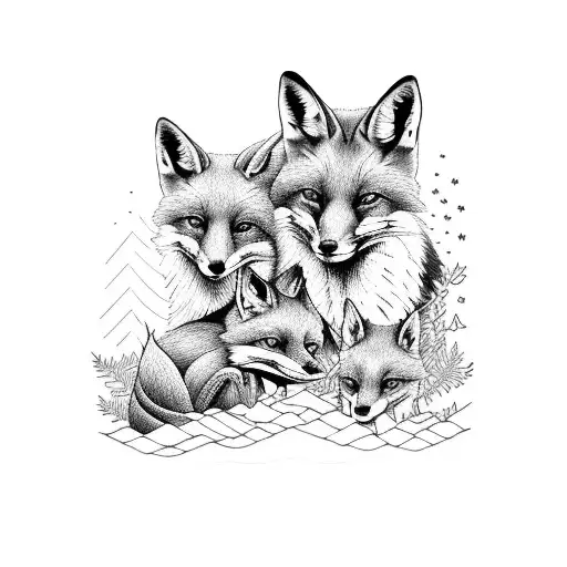 fox family in a cedar forest tattoo design idea