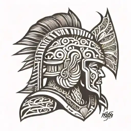 Hawaiian tribal half sleeve with Maui hook and warrior helmet  tattoo design idea