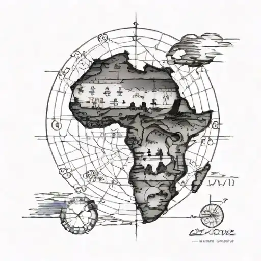 Detailed map of Africa with a subtle sun clock motif in the background tattoo design idea
