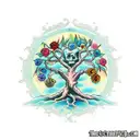 tree of life, half dead, half alive, blue colour, skulls, coi tattoo design idea