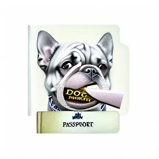 A realistic portrait of a dog with a passport in its mouth tattoo design idea