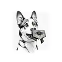 A realistic portrait of a dog with a passport in its mouth tattoo design idea