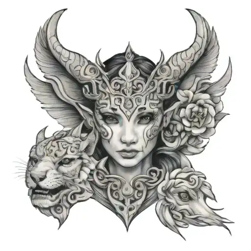 A portrait tattoo of a mythical creature inspired by the names Keira, Layla, and Ariya, in a black and grey style tattoo design idea