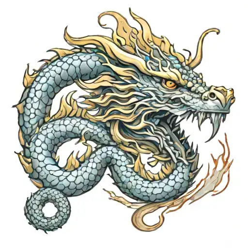 golden dragon breathing fire tattoo design idea