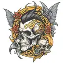Incorporate Avenged Sevenfold lyrics into a design of a mobile legend hero in a neotraditional style tattoo tattoo design idea