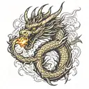 golden dragon breathing fire tattoo design idea