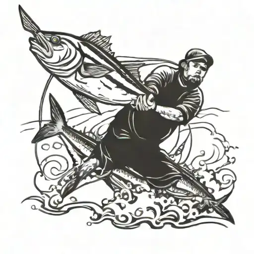 fisherman on boat fighting yellowfin tuna fish jumping tattoo design idea