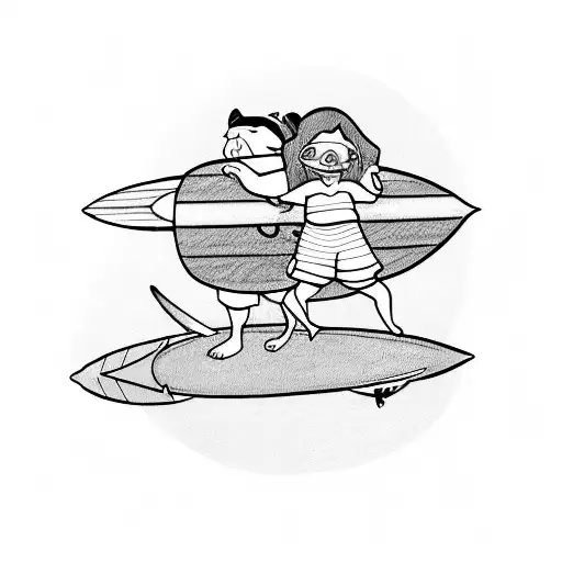 surfboard with lilo stitch and lilo's sister watching from above. Drawing only the outline tattoo design idea